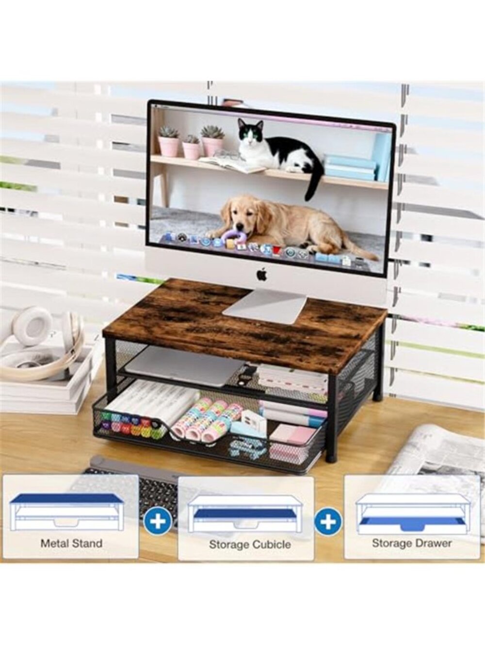Metal Monitor Stand Desk Organizer With Drawer Two Tier Computer Riser Shelf - Picture 4 of 6